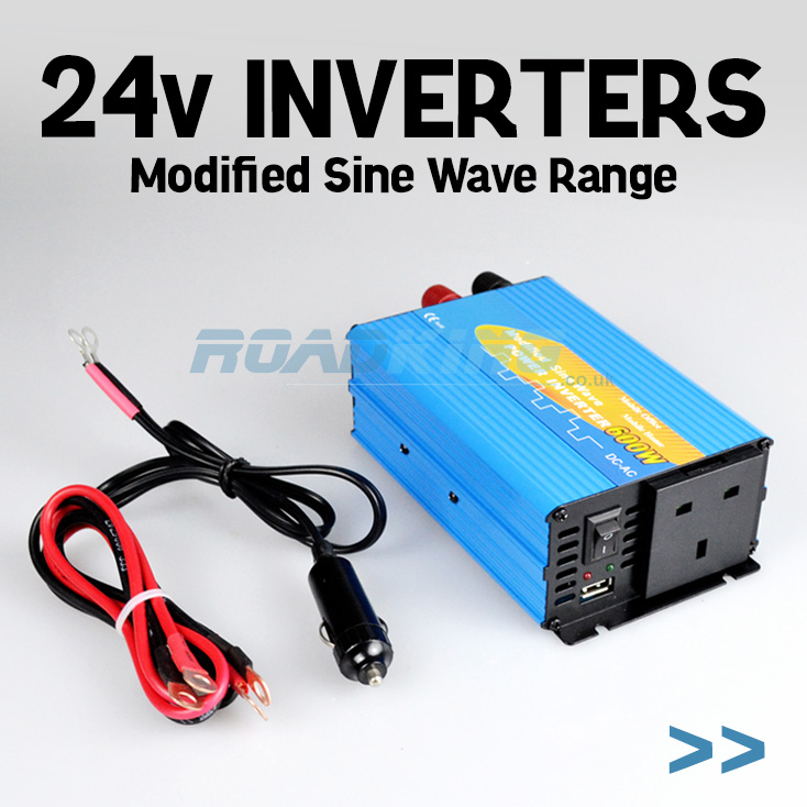 24v Inverters for trucks, lorrys, boats and other 24v vehicles. Designed for powering 240v mains electrical appliances from a 24 volt supply, such as a lorry battery.