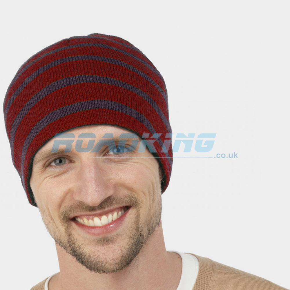 Striped Beanie Hat - Red/ Blue-Grey